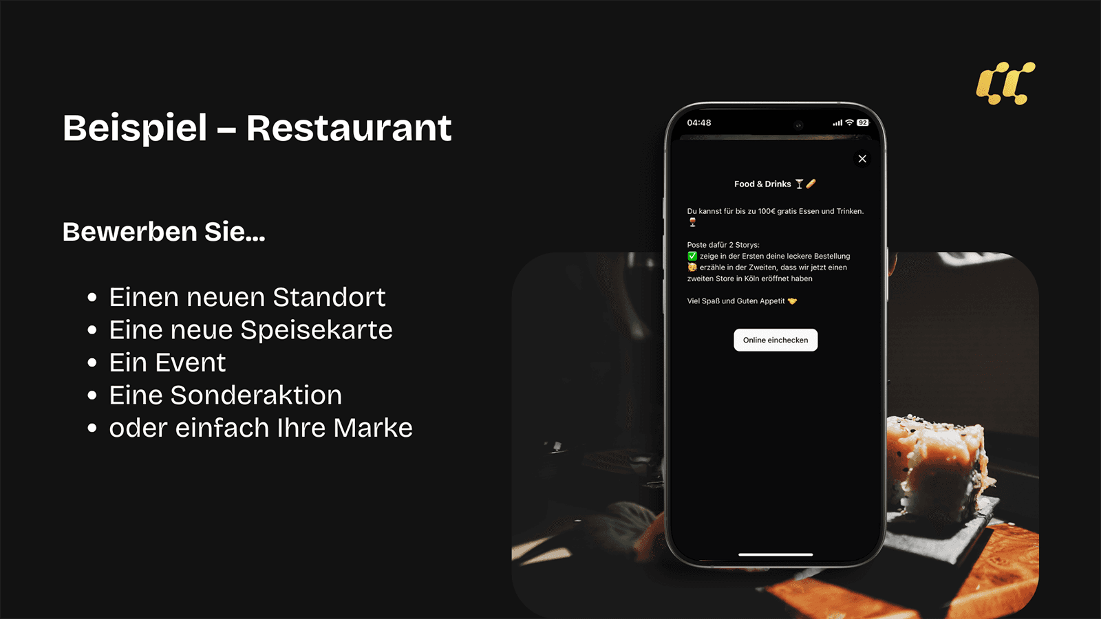 Der CreatorCard-App-Bildschirm für ein Restaurant-Angebot mit Check-in-Button, daneben Beispiele für Themen, die ein Betrieb vorgeben kann - etwa ein neues Mittagsangebot, eine Feierabend-Aktion oder ein zweiter Standort.