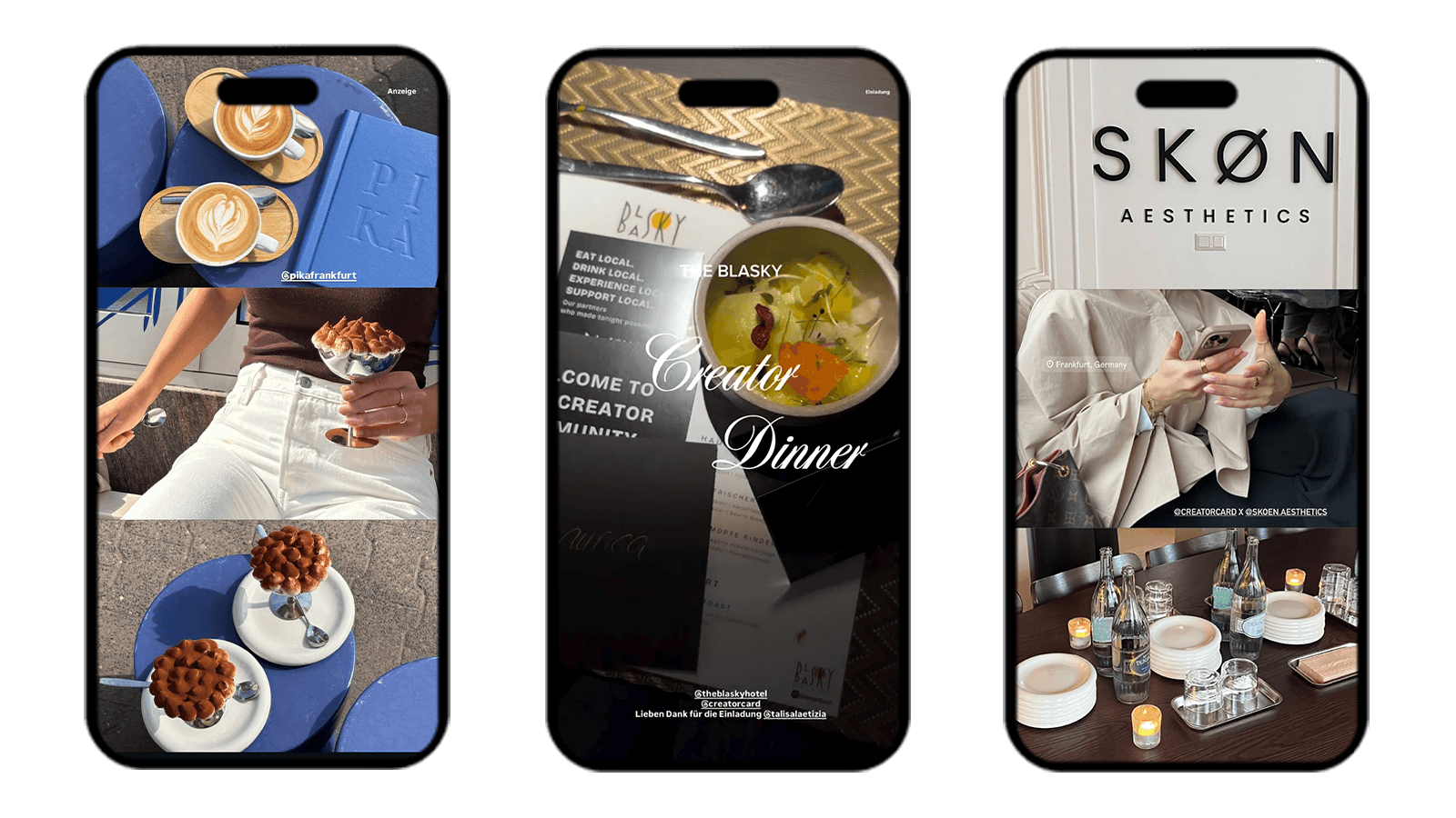 Drei Instagram-Storys von Frankfurter Influencern, die ihren Besuch in lokalen Cafés und Restaurants zeigen und die Locations markieren.