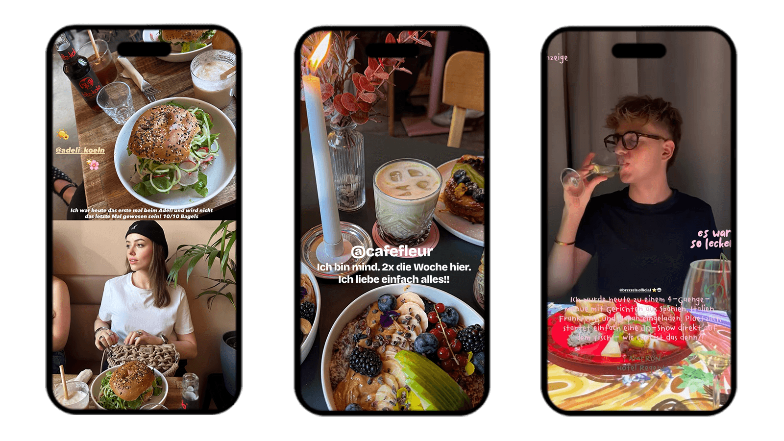 Drei Instagram-Storys von Kölner Influencern, die ihren Besuch in lokalen Cafés und Restaurants zeigen und die Locations markieren.